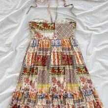 Western Wear Women,Summer Dresses For Women,Vacation Outfits Woman,Bohemian,Rave Outfit Festival,Concert Outfit Women,Easter Dress Women,Women's Vacation Colorful Retro Print Drawstring Front & Back Tie Layered Mini Dress, Music Festival Outfit,Sun Dress - Multicolor - Ver 4