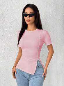 Camiseta de cuello redondo con abertura lateral y decoración de lazo con cristales para mujer - Rosa - Ver 1