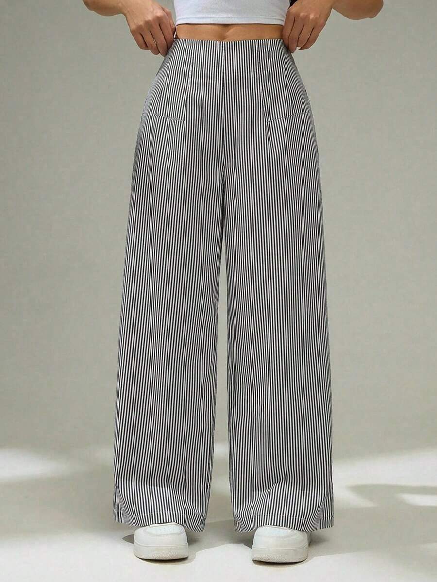 Pantalones rectos de talle alto de rayas azules y blancas, elegantes, casuales, sencillos, para ir a la oficina, diarios y de vacaciones - Blanco y Negro - Ver 1