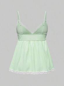 Conjunto de pijama casual de camiseta de tirantes acanalada y shorts con encaje - Verde - Ver 6
