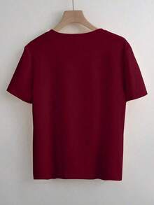 Desde la primavera hasta el verano, nuevas llegadas en la parte superior de verano: Día de San Valentín, elegante parte superior de mujer, parte superior de color albaricoque, camiseta, cuello redondo, adornos con cuentas, mangas cortas, estiliza - Burdeos - Ver 2