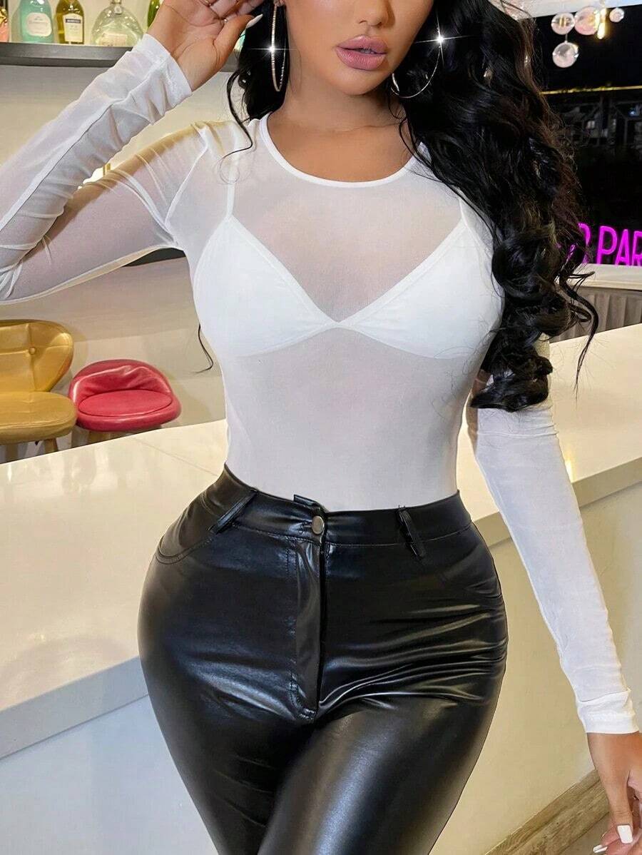 Blusa de malla transparente sin sujetador - Blanco - Ver 1