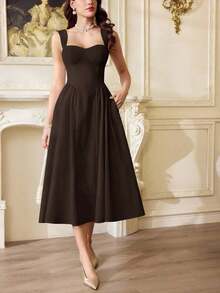 Vestido de mujer elegante y vintage con bolsillos, vestido casual para té, fiesta, vacaciones, verano, para fiesta, boda, graduación, cumpleaños, Pascua y primavera - Café integral - Ver 5