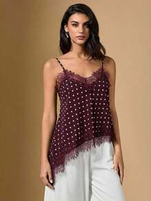 2026 Nuevo Llegado Verano Elegante Blusa de Satén a Lunares para Mujer con Tirantes de Encaje Contrastante y Bajo Asimétrico de Longitud Regular/Blusa Asimétrica de Verano, Blusa de Salida de Verano para Mujer, Vacaciones de Primavera, Blusa Eleg - Rojo - Ver 1