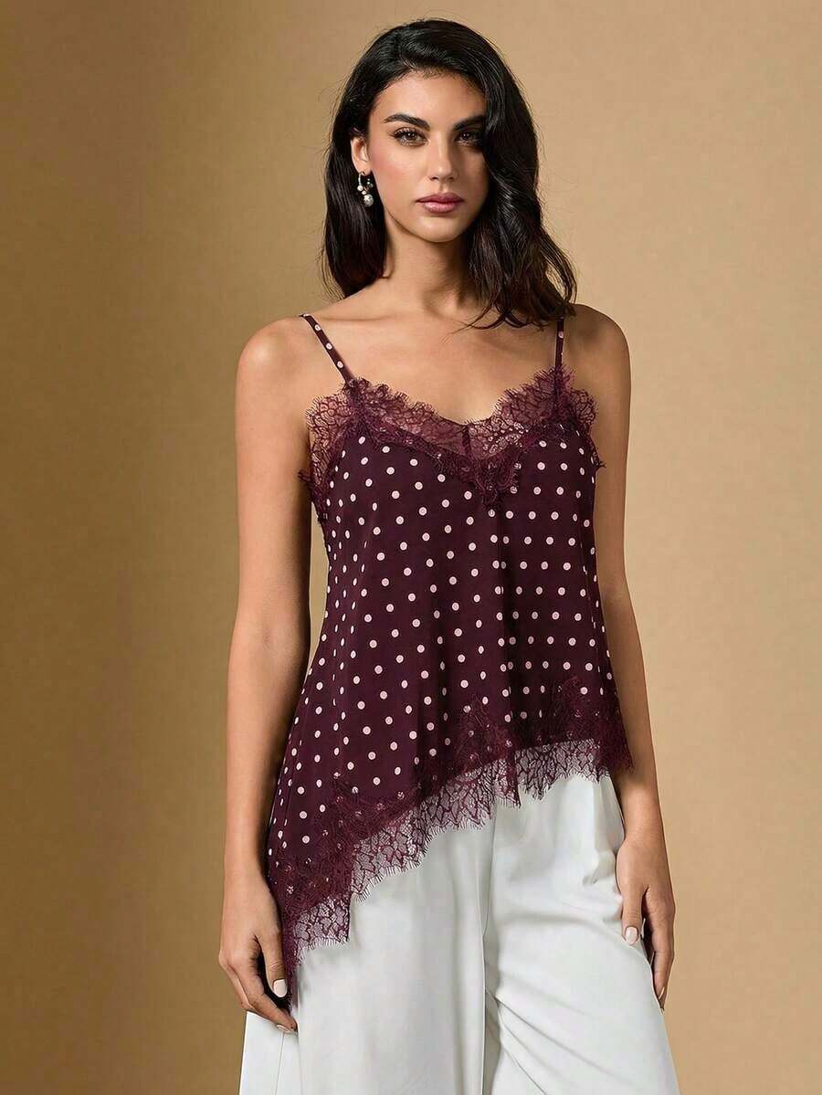 2026 Nuevo Llegado Verano Elegante Blusa de Satén a Lunares para Mujer con Tirantes de Encaje Contrastante y Bajo Asimétrico de Longitud Regular/Blusa Asimétrica de Verano, Blusa de Salida de Verano para Mujer, Vacaciones de Primavera, Blusa Eleg - Rojo - Ver 1