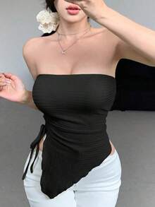 Blusa asimétrica plisada para mujer, top tubo para salir en verano - Negro - Ver 3