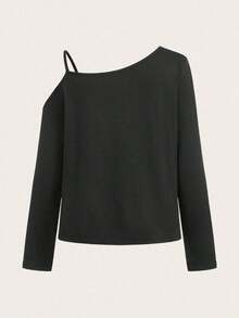 Camiseta asimétrica de manga larga con hombros caídos, casual, negra, con estampado de mariposa dorada y estrella verde para mujer - Negro - Ver 6