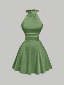 MOD Vestido mini con espalda descubierta, retorcido y fruncido en unicolor para mujer, vestidos de otoño para mujer, vestido, vestido, Acción de Gracias, vestidos elegantes para fiesta, vestido de invitada de boda, vestido de graduación, vestido de gala, vestido de noche elegante para boda - Verde - Ver 2