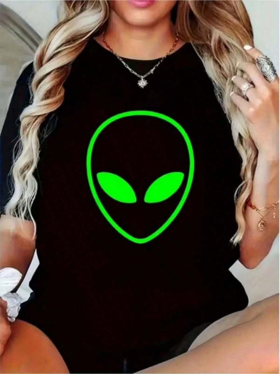 Women's Casual Short-Sleeved T-Shirt, 100% Cotton, With Neon Green Alien Head Print. - Black - View 1