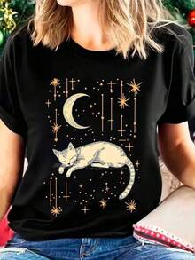 New 2026 Camiseta Negra para Mujer - Gato Bruja Celestial Retro con Estrellas Doradas y Luna - Camiseta Suave de Cuello Redondo, Manga Corta, Regalo Ideal para Amantes de la Astronomía - Ropa Casual Primavera/Verano, Estampado Místico, Tejido Elástico Medio, Aesthetic Vintage, Material Transpirable, Diseño Retro 1  Estrella  Luna  Animal    Casual  Sexy  Dulce  Fiesta  Elegante    Ninguno    Alta elasticidad  Casa  Playa  Noche de fiesta  Vacaciones  Boda  Deportivo  Oficina  Diario    verano - Negro - Ver 6