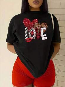 New 2026 Playera con texto love, tipografía en diferentes estilos, estampado, divertido, moderno, estampado, casual de mujer, cuello redondo, manga corta, ideal para todos los días, llamativa, moderna, holgada, ideal para tí. - Negro - Ver 6