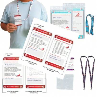 2PCs Awareness Medical Card With Writable Panel And Patterned Lanyard Emergency Contact Card