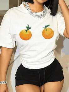 Camiseta Casual para Mujer, Blanca, con Estampado de Naranjas Frescas y Hojas Verdes, Manga Corta, Cuello Redondo, Top de Verano, Camiseta con Gráficos de Frutas Cítricas Vibrantes para Atuendos Casuales, Ropa de Playa, Conjuntos con Temática de Frutas, Comodidad para Todas las Temporadas, 100% Algodón, Duradera - Blanco - Ver 7