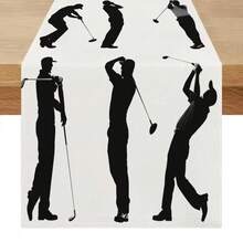 1pc Golf Player Silhouette Pattern Rectangular Table Runner, Black & White Classic Patchwork Design, Energetic Style, Large Size, Home Decor, Suitable For Family Gatherings, Indoor/Outdoor Decoration, Entryway, Coffee Table, Living Room Ambiance, Kitchen Dining, Holiday & Nature Gifts - Black and White - View 1