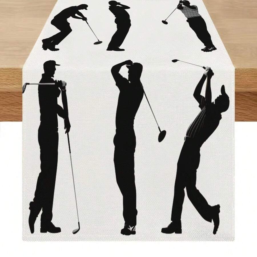 1pc Golf Player Silhouette Pattern Rectangular Table Runner, Black & White Classic Patchwork Design, Energetic Style, Large Size, Home Decor, Suitable For Family Gatherings, Indoor/Outdoor Decoration, Entryway, Coffee Table, Living Room Ambiance, Kitchen Dining, Holiday & Nature Gifts - Black and White - View 1