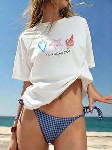 PremiumCamiseta Holgada para Mujer Blanca con Estampado Marino "I Need Vitamin Sea" con Conchas y Estrella de Mar, Cuello Redondo de Manga Corta, Top Casual de Playa, Ropa Cómoda para Vacaciones de Verano y Uso Diario, Estilo Relajado Eco-Friendly - Blanco - Ver 7