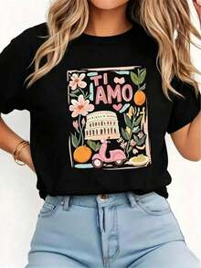 New And Modern Casual Short-Sleeved T-Shirt For Women - Italian Style With "TI AMO" Print, Pink Scooter Pattern, Flowers And Fruit, Round Neck, Ideal For Birthdays And Holidays, A Must-Have For Summer, Comfortable Machine Washable Fabric - Unisex Short-Sleeved T-Shirt, Round Neck, Loose Fit, Made Of Pure Cotton, Urban Vintage Style. - 黑色 - 查看 1