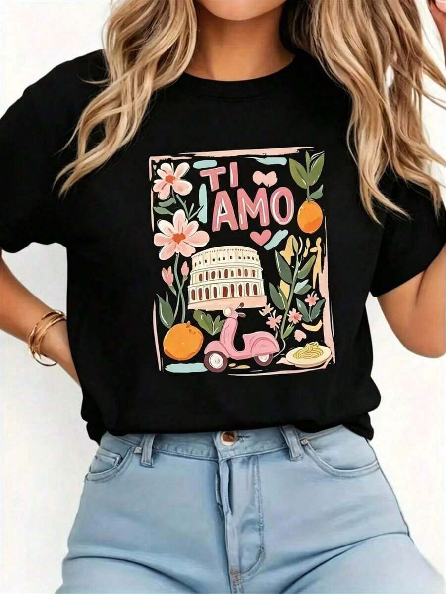 New And Modern Casual Short-Sleeved T-Shirt For Women - Italian Style With "TI AMO" Print, Pink Scooter Pattern, Flowers And Fruit, Round Neck, Ideal For Birthdays And Holidays, A Must-Have For Summer, Comfortable Machine Washable Fabric - Unisex Short-Sleeved T-Shirt, Round Neck, Loose Fit, Made Of Pure Cotton, Urban Vintage Style. - 黑色 - 查看 1
