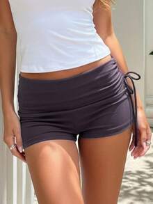Women Fold Over Waist Shorts Fashionable Solid Color Low Rise Slim Fit Mini Shorts For Beach Daily Wear - Purple - View 4