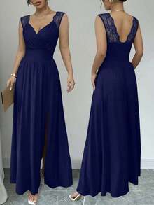 Vestido largo con cuello en V de encaje elegante francés, cintura fruncida y abertura lateral en estilo A, color caqui, adecuado para uso diario, banquetes, bodas, primavera/verano - verde menta - Ver 9