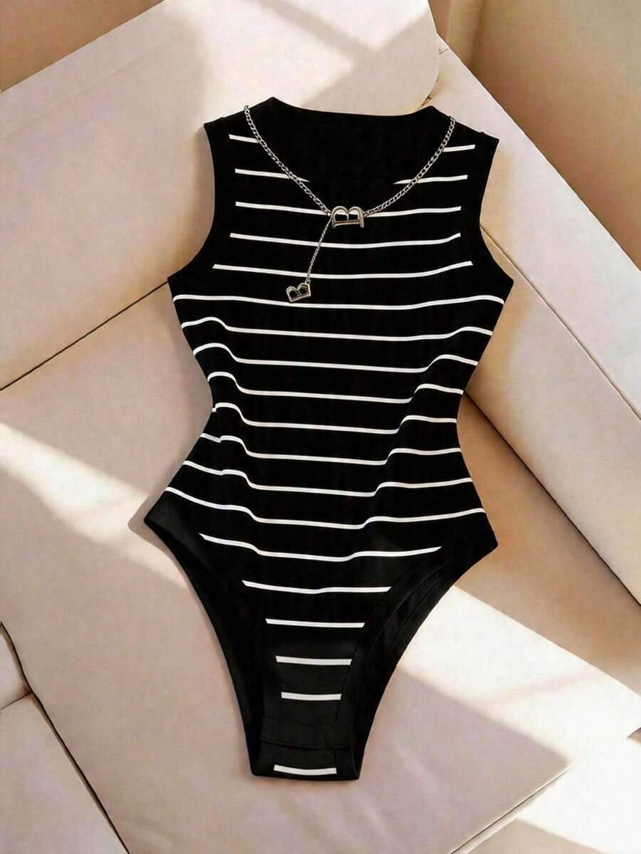 Mono de mujer para primavera/verano, mono de tirantes de cuello redondo para mujer, mono ajustado de punto para mujer, mono a rayas, uso diario casual, mono de verano para mujer, mono para vacaciones en la playa, se puede usar solo o combinado co - Blanco y Negro 2 - Ver 1