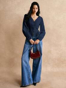 Camisa de algodón con detalles de botones y acabado de encaje elegante en la cintura, camisa de manga larga, camisa de cintura, top de encaje, camisa de encaje, camisa de algodón, detalle elegante de la cintura, para trabajo diario, salida, estilo chic sin esfuerzo, esencial, FW24, ropa de mujer de otoño - Azul marino - Ver 8