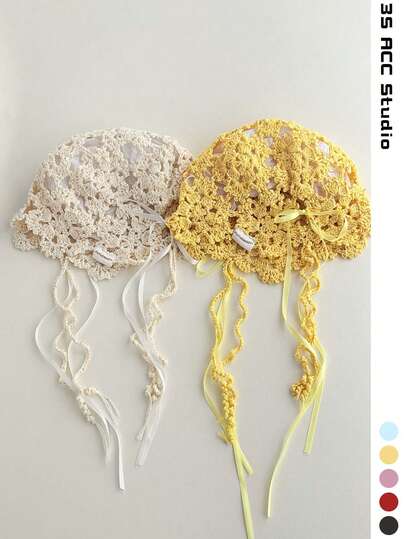 Niche British Retro Floral Knitted Turban Hat For Women, Handmade Crochet Beanie, Street Style Boho Flower Tassel Braided Headwrap, Vintage Headband, Handcraft Knit Cap