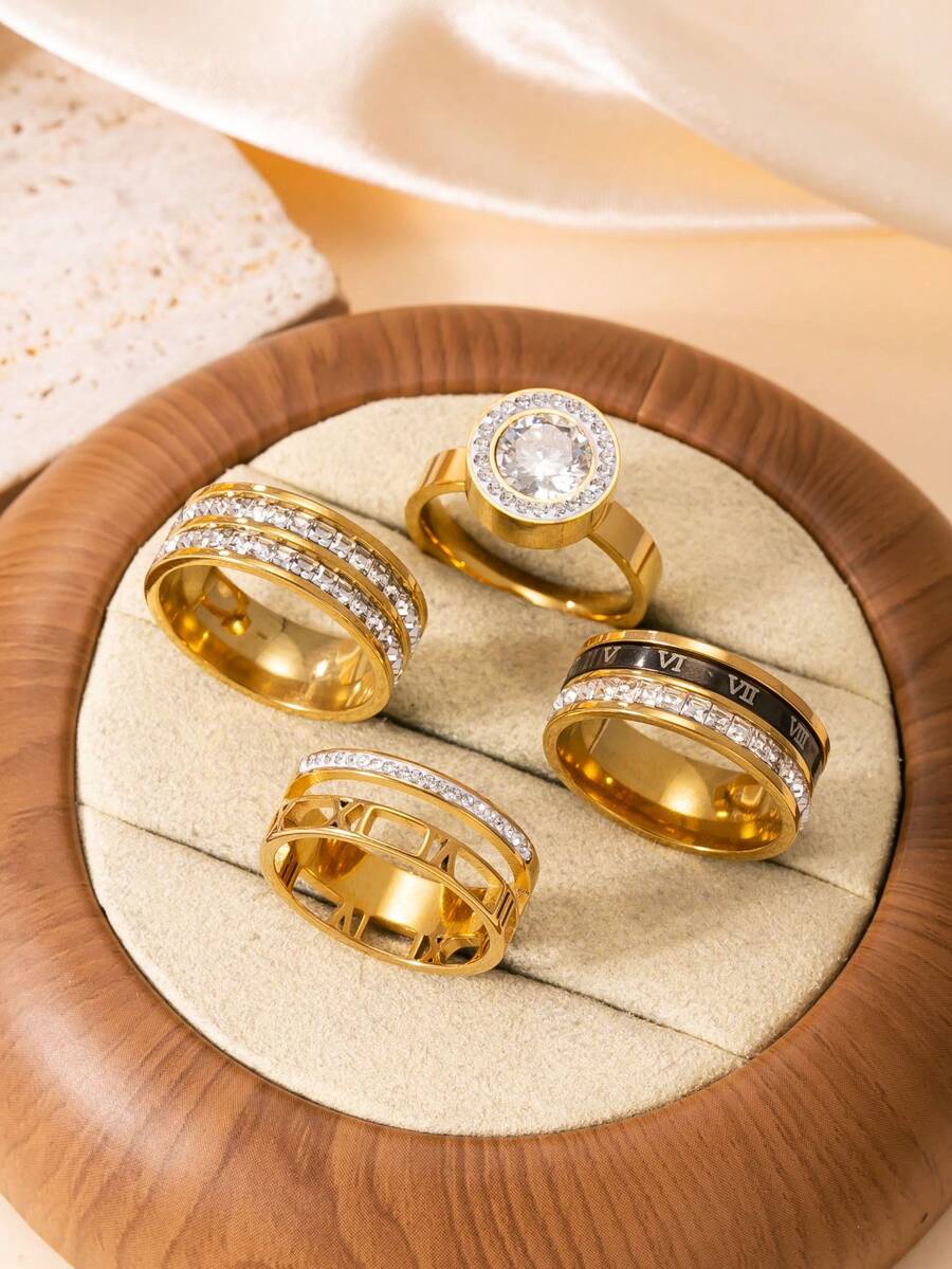 4pcs Luxury Geometric Roman Numeral Rhinestone Stainless Steel Ring Set, Suitable For Women's Daily Or Party Wear Jewelry - Gold - View 1