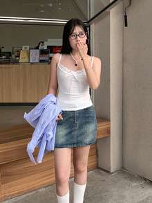 Solid Color Camisole Top With Padded Bust, Lace Trim Sleeveless Undershirt For Summer, Sexy Bow Decor Versatile Top Casual White - White - View 5