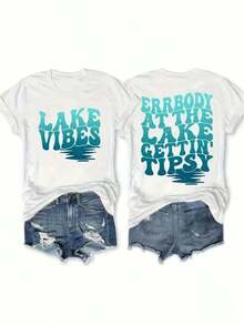 Casual T-Shirt, Women's Double-Sided Print T-Shirt, Simple Design, Comfortable And Breathable, Comfortable Fit, Soft Fabric, Classic Design, Machine Washable, Comfortable Style For All Seasons, Suitable For Casual Daily Wear, Shows Natural Elegance, 180g - Women's Plus Size Basic Printed T-Shirts, Mother's Day Gift, Casual Short-Sleeve T-Shirts, 100% Cotton, Durable - 白色 - 查看 1