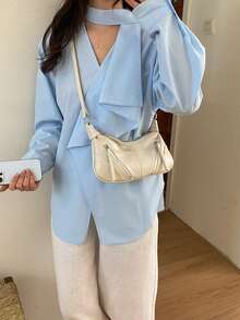 2026新款女款單肩包，小眾設計手提包，休閒百搭極簡時尚腋下包，舒適PU材質，純色設計，拉鍊開合，可調節長肩帶，大容量，春夏枕頭包 - 白色 - 查看 4