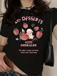 Camisetas con Estampados Gráficos [Camiseta con Estampado Gráfico] Camiseta de Manga Corta con Estampado Gráfico de Letras Vibrantes, Fresas y Conejo - Top Casual de Cuello Redondo para Primavera y Verano - Ropa de Mujer 100% Algodón Suave - Corte Relajado - Estilo Casual Vintage - Camiseta de Algodón Unisex de Manga Corta para Uso Diario - Top vestidos de graduación - Negro - Ver 1