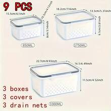 18/9/6-Piece Food- Drainage Baskets. Household Airtight Refrigerator Fresh-Keeping Storage Containers With Drain Basket And Lid For Storing Various Fruits And Vegetables. 6/3/2 Boxs+6/3/2 Covers +6/3/2 Drain Nets - View 10