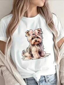 Camiseta de manga corta de poliéster, estampada con un lindo diseño de Yorkshire terrier, ligera y duradera, adecuada para uso casual en casa o al aire libre, cómoda y ajustada para el uso diario. - Blanco - Ver 6
