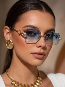 1 paire de lunettes de mode à monture carrée sans cadre avec verres bleus - Doré - Voir 2