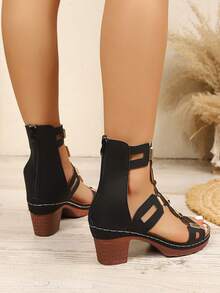 Women's Hollow Geometric Pattern Metal Rivet Chunky Heel Roman Sandals, Gladiator Sandals, Summer Shoes - Black - View 3