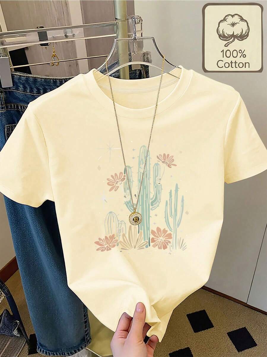 100% T-Shirt With Cactus And Flower Print, Round Neck, Short Sleeves, Casual Summer Clothing, Comfortable And Breathable For Women - [淺黃色] - 查看 1