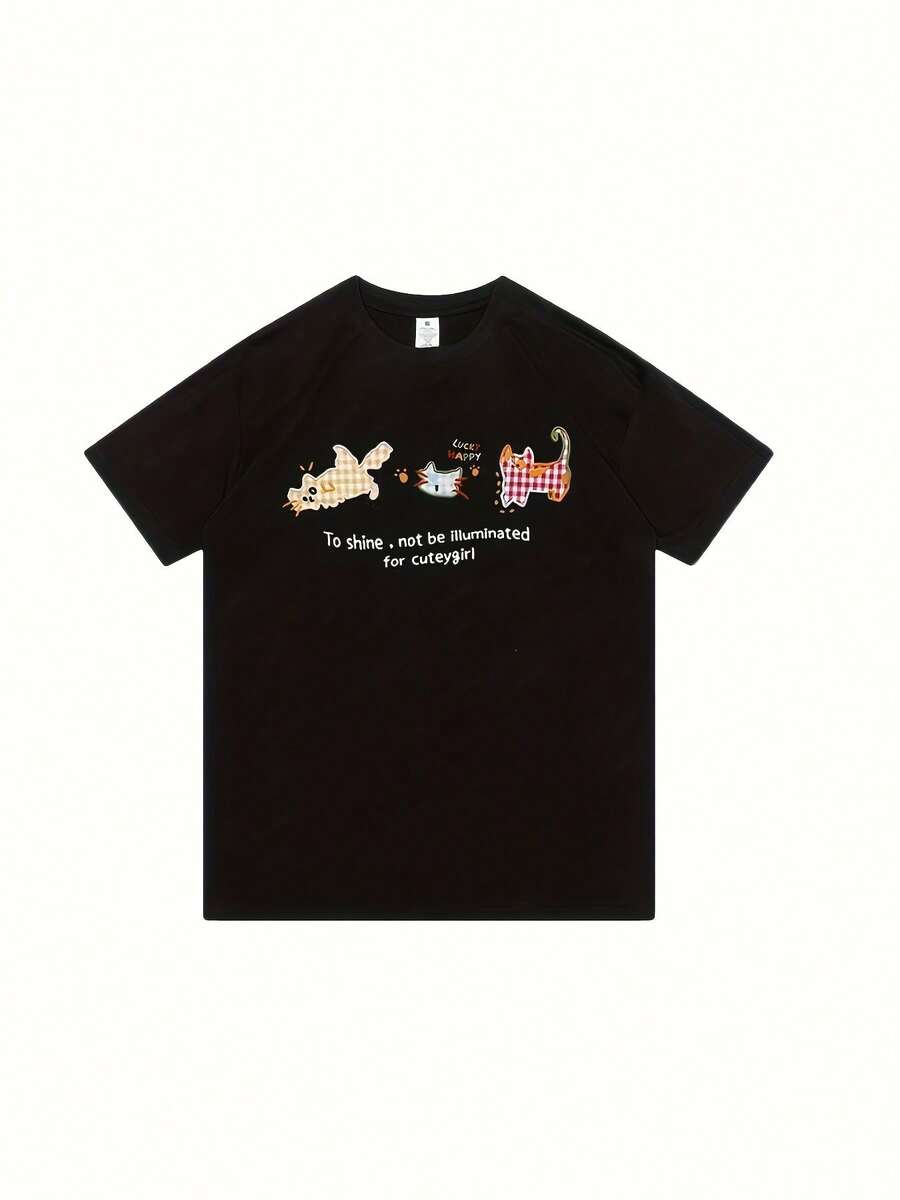 Camiseta retro de manga corta con diseño de "pilled" 100% pura para mujer, estilo holgado y relajado, nuevo top de verano ajustado - Negro - Ver 1