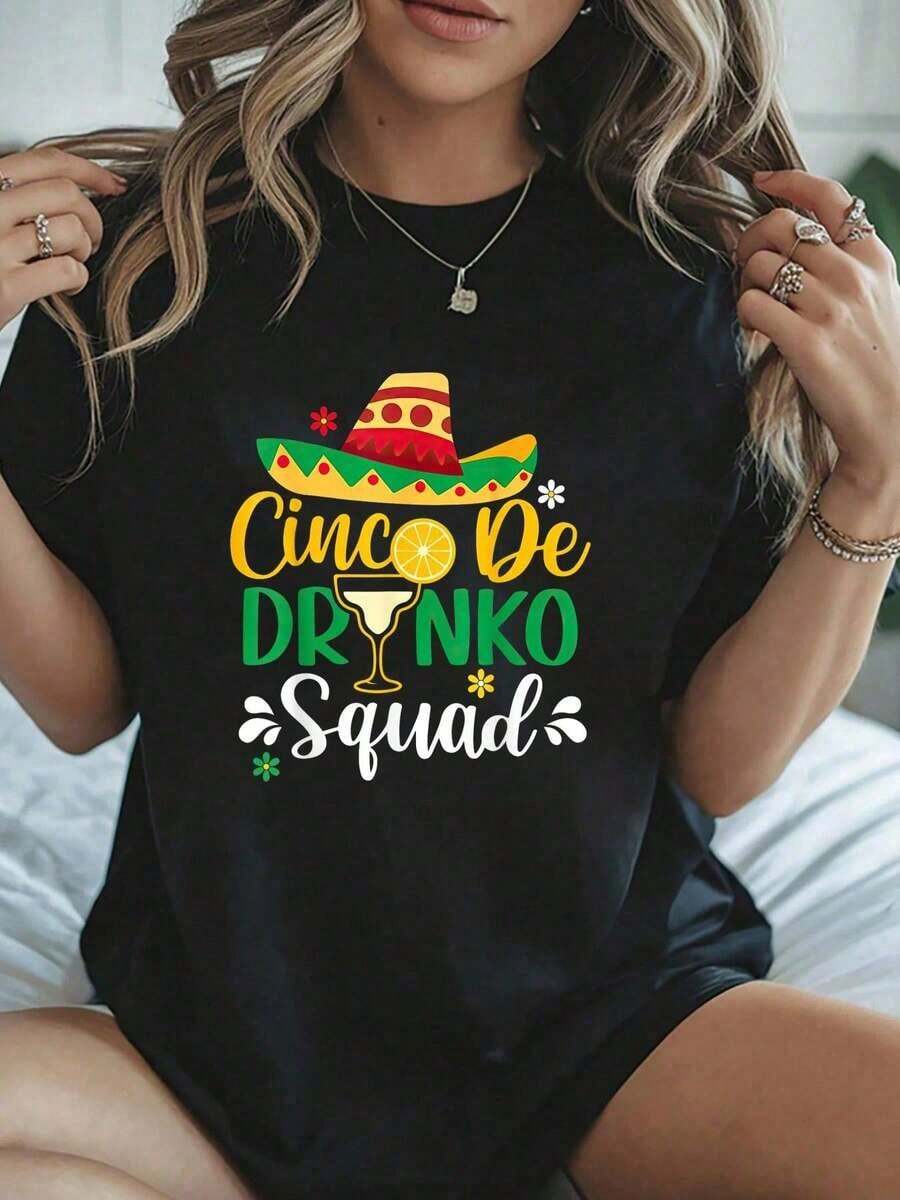 Camiseta Divertida Cinco De Drinko Squad 5 Cinco De Mayo Fiesta Mexicana - Camisetas Gráficas 100% Algodón para Mujer, Ropa de Verano, Playeras de Mujer - Negro - Ver 1
