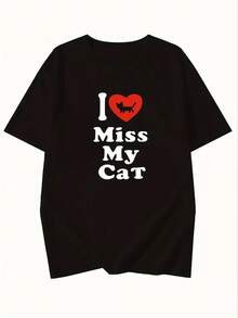 Camiseta de Manga Corta con Estampado de Corazón y Letras para Mujer, Moda Veraniega Versátil Cuello Redondo Holgado - Negro - Ver 6