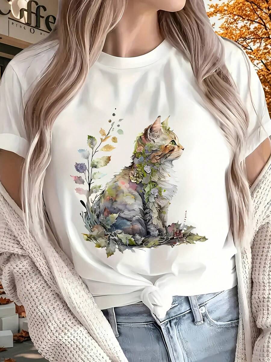 Women's T-Shirt - Soft And Artistic Cat And Butterfly Print Tee - Short Sleeves, Crew Neck, Machine Washable, Casual All-Season Top, Suitable For Home, Outdoor Activities, And Size S - Perfect Gift Option, Comfortable Lounge Top. | Butterfly Print Shirt | Comfortable Fabric Tops For Women - 白色 - 查看 1