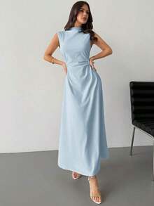 Vestido largo en línea A con cuello de pie, sin mangas y fruncido, color blanco, nuevo para el Día de San Valentín, elegante y romántico para citas y trabajo - Azul - Ver 2