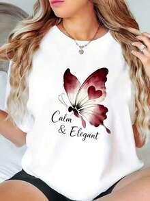 Camiseta de algodón puro con diseño de mariposa y elementos en forma de corazón, camiseta estampada para mujer - camiseta blanca de cuello redondo, manga corta, adecuada para todas las estaciones, lavable a máquina, ideal para combinaciones urbanas, uso diario y reuniones informales. - Blanco - Ver 1