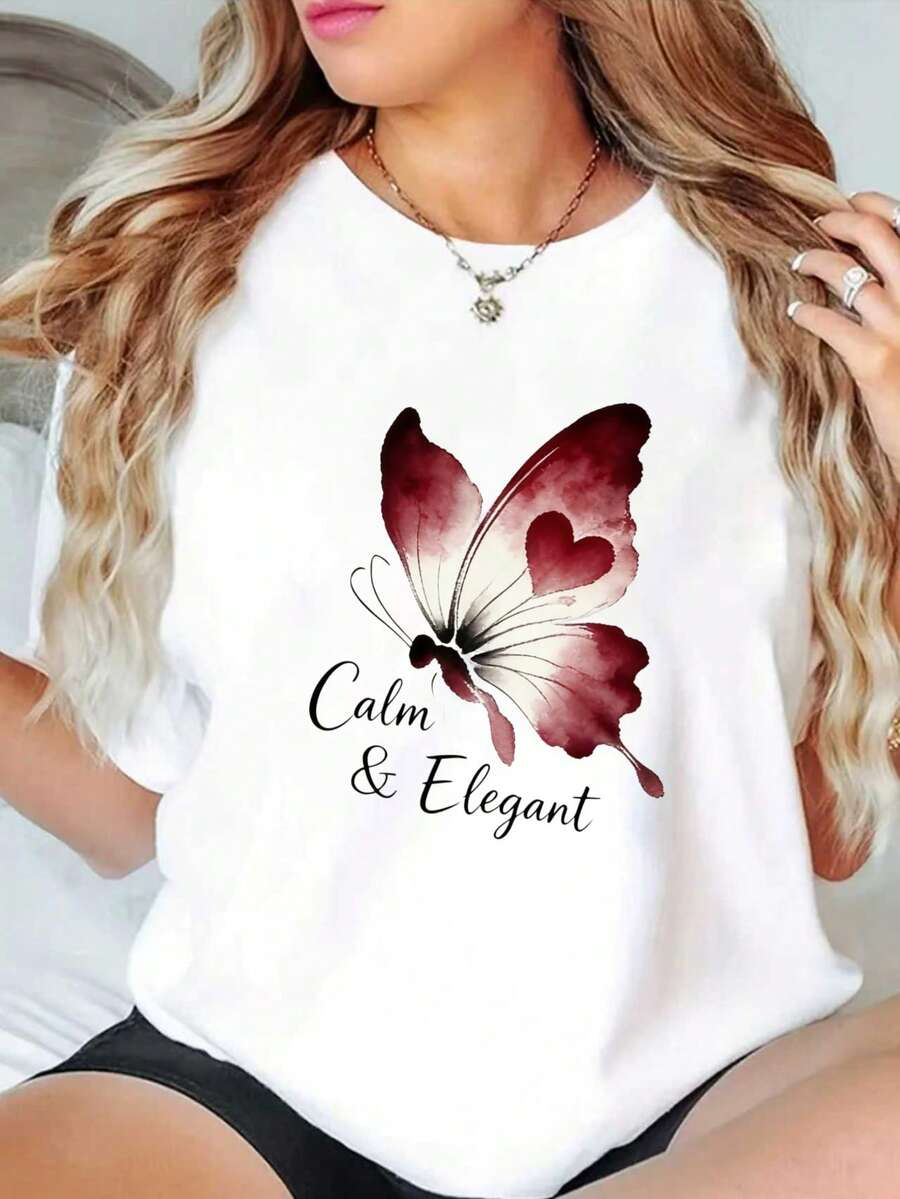 Camiseta de algodón puro con diseño de mariposa y elementos en forma de corazón, camiseta estampada para mujer - camiseta blanca de cuello redondo, manga corta, adecuada para todas las estaciones, lavable a máquina, ideal para combinaciones urbanas, uso diario y reuniones informales. - Blanco - Ver 1