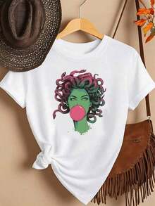 Nuevas llegadas para el verano. Camiseta de manga corta con estampado frontal - Tema Medusa Bubble Gum, Camiseta estampada de primavera-verano para mujer, ¡tu mejor elección! Blusa, Camisa > Hermosa. - Blanco - Ver 8