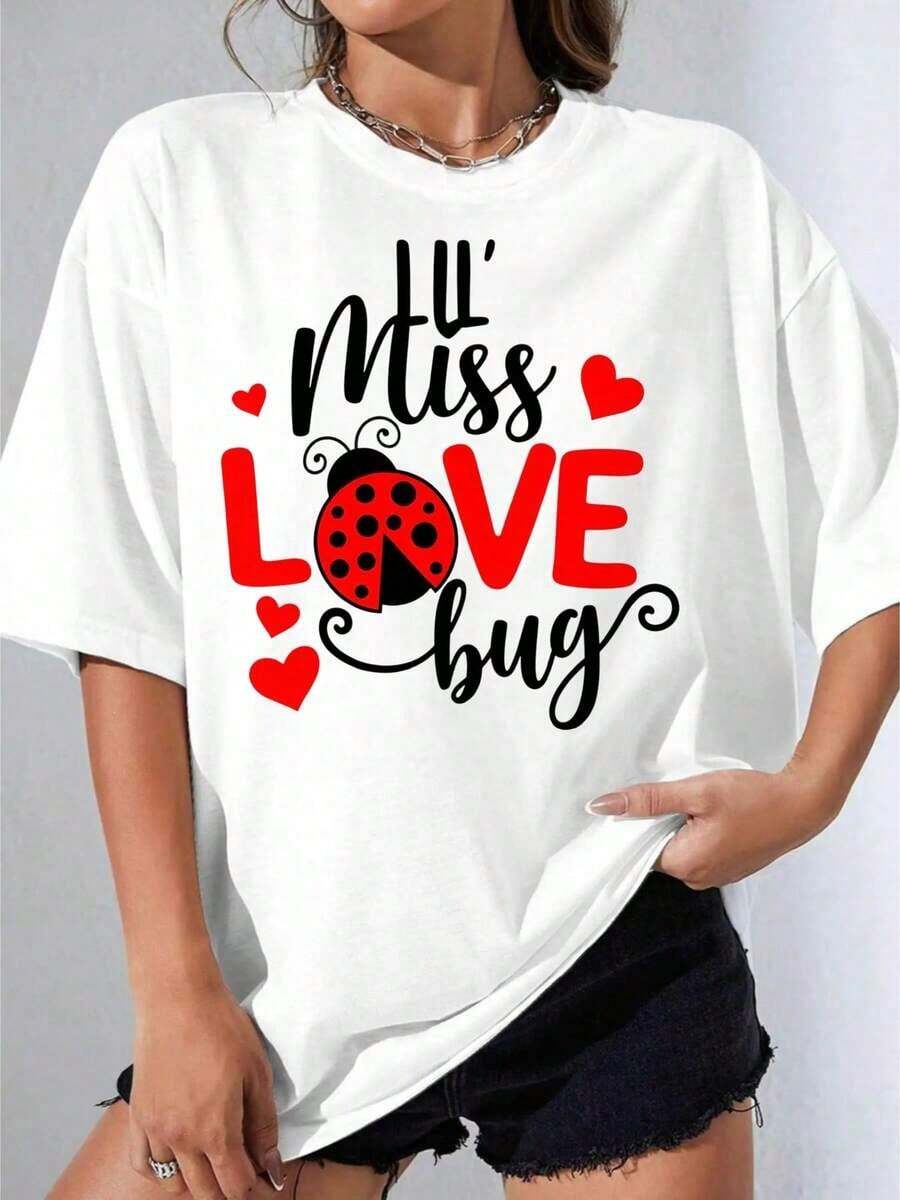 Camiseta Negra y Blanca para Niña, Linda Camiseta con Estampado de Mariquita y Corazones para el Día de San Valentín y Ocasiones Románticas, Fiesta al Aire Libre, Camiseta Casual Estampada de 180g - Blanco - Ver 1