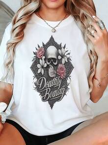Camiseta de Verano para Mujer, Talla Grande, Color Sólido, con Estampado de Calavera y Rosa, Estilo Gótico Retro Punk, Manga Corta Holgada, Ligeramente Elástica, Casual y Cómoda. - Blanco - Ver 1