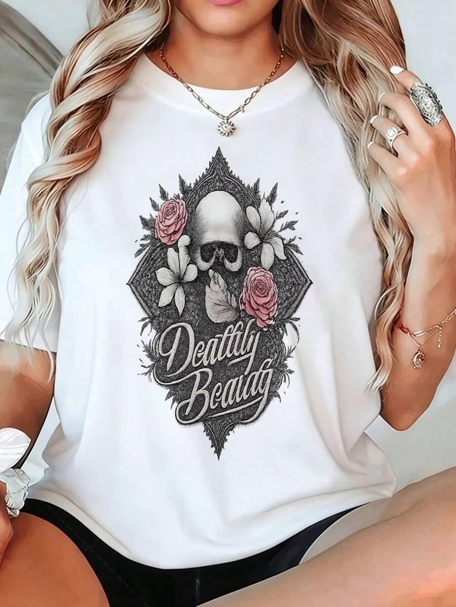 Camiseta de Verano para Mujer, Talla Grande, Color Sólido, con Estampado de Calavera y Rosa, Estilo Gótico Retro Punk, Manga Corta Holgada, Ligeramente Elástica, Casual y Cómoda. - Blanco - Ver 1