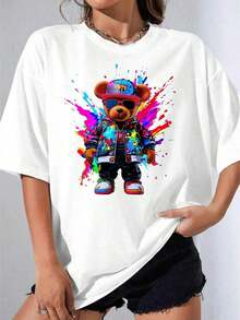 Camiseta Negra y Blanca para Niña, Camiseta Blanca de Talla Grande con Estampado de Oso Colorido para Estilo Casual Urbano, Fiesta al Aire Libre, Camiseta Estampada Casual de 180g - Blanco - Ver 1