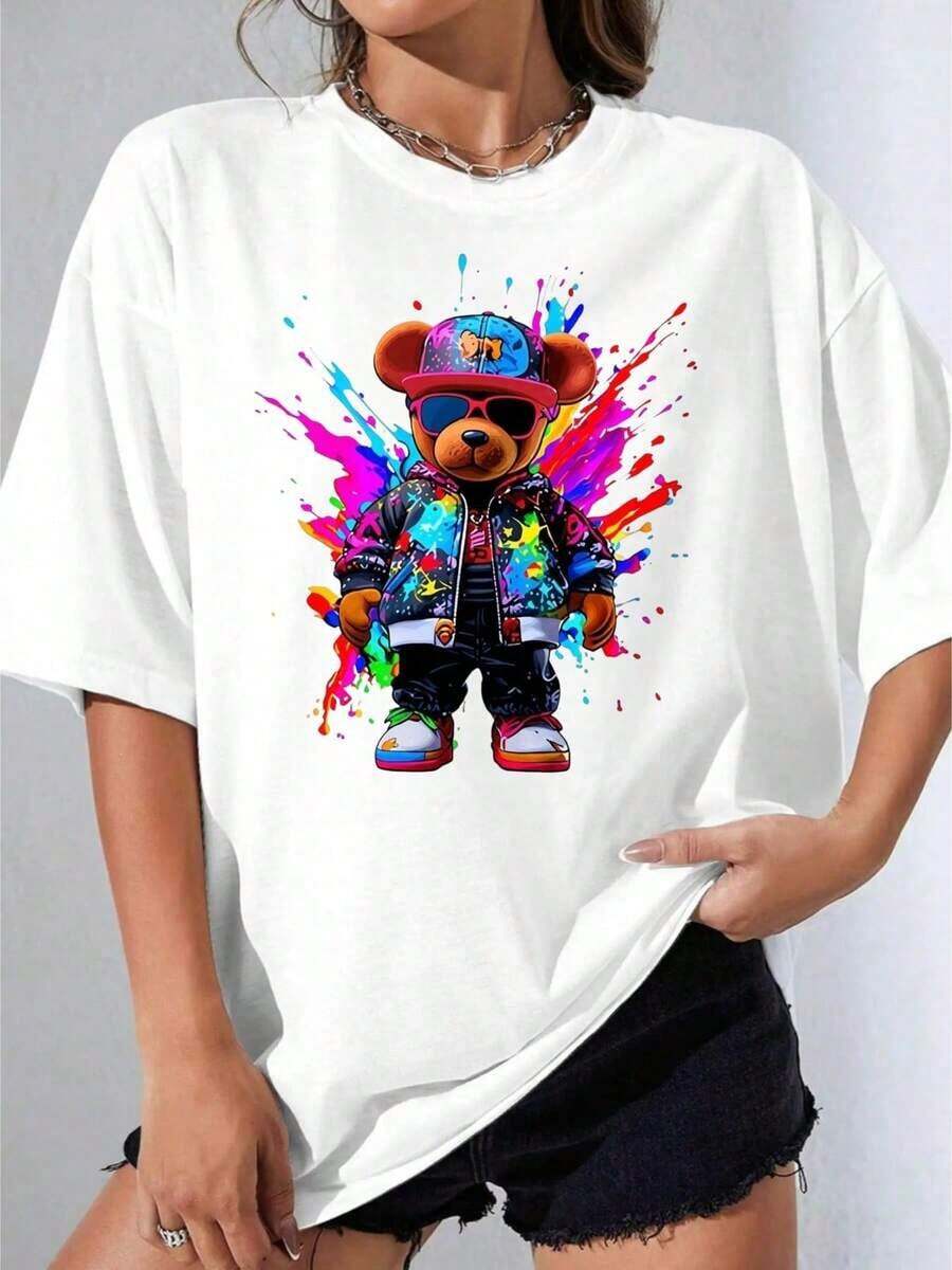 Camiseta Negra y Blanca para Niña, Camiseta Blanca de Talla Grande con Estampado de Oso Colorido para Estilo Casual Urbano, Fiesta al Aire Libre, Camiseta Estampada Casual de 180g - Blanco - Ver 1